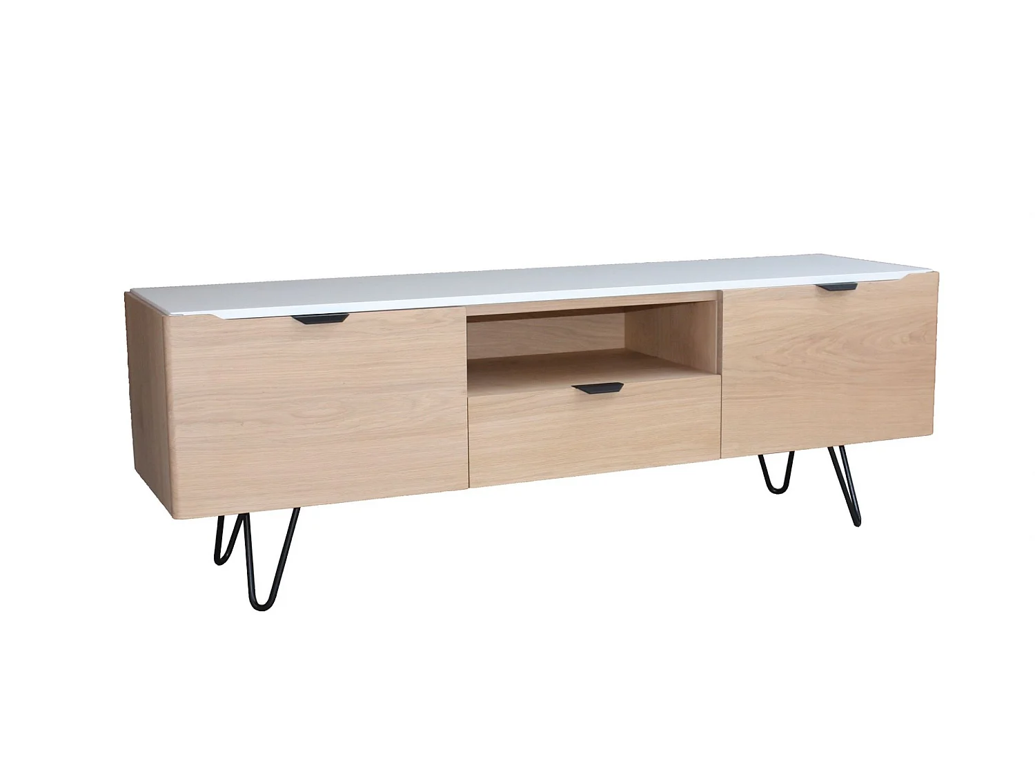 Buffet TV chêne blanchi et laqué blanc, 2 portes 1 tiroir 1 niche - 160L x 44P