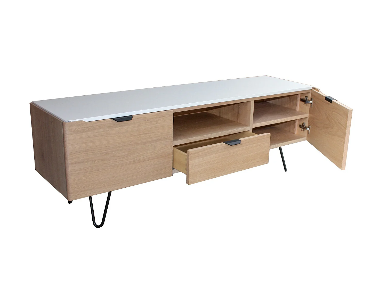 Buffet TV chêne blanchi et laqué blanc, 2 portes 1 tiroir 1 niche - 160L x 44P