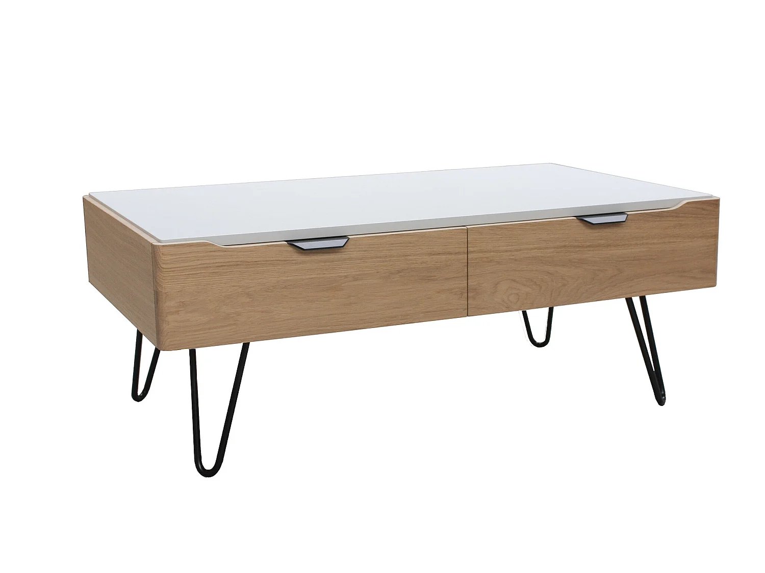 Table basse chêne blanchi et laqué blanc, 2 tiroirs - 110L x 60P