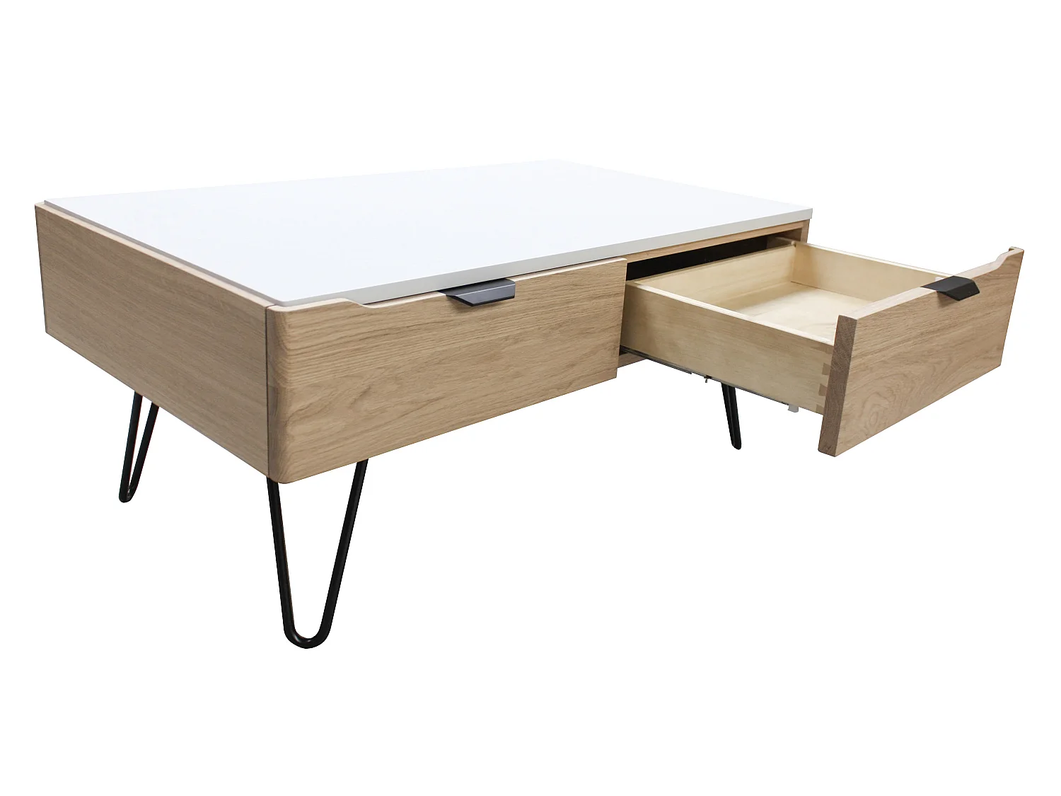 Table basse chêne blanchi et laqué blanc, 2 tiroirs - 110L x 60P