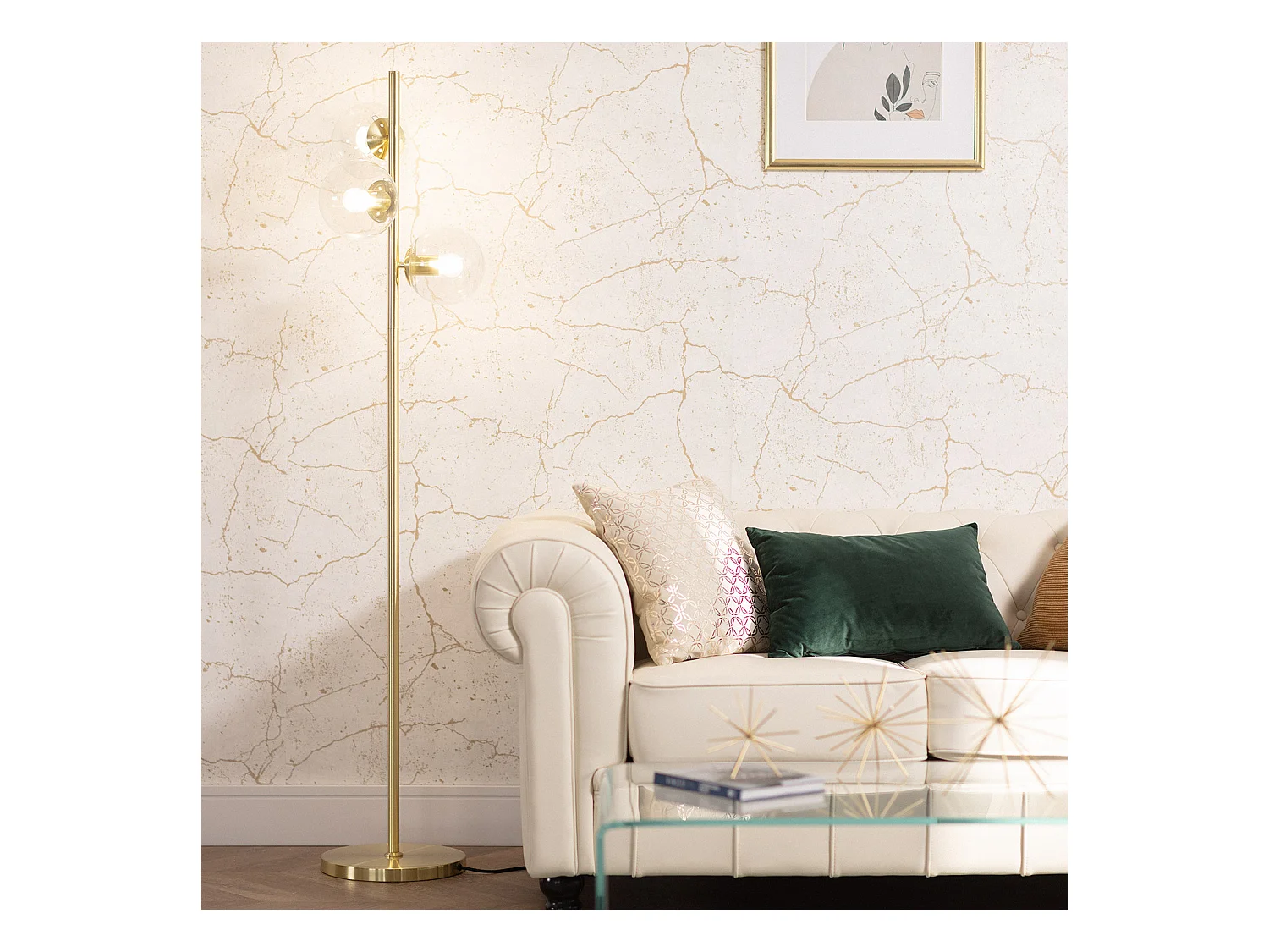 Lampada da Terra in Metallo e Vetro 3 Faretti Otos Oro