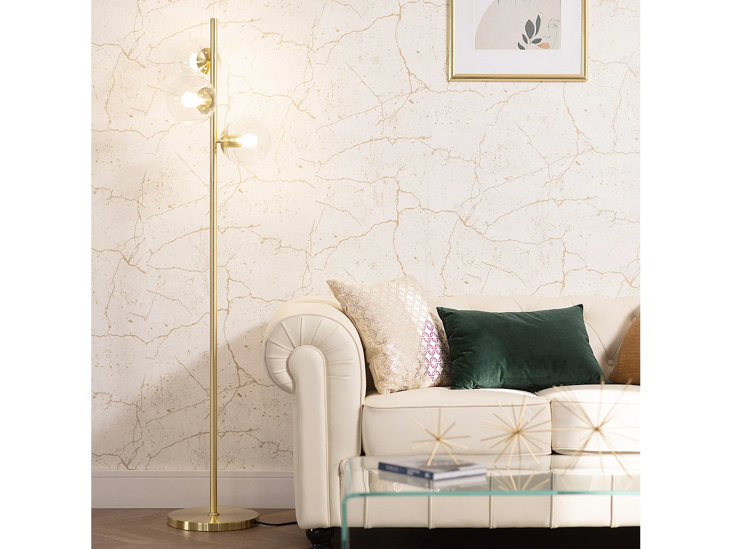 Lampadaire Métal et Verre Otos 3 Spots  Doré