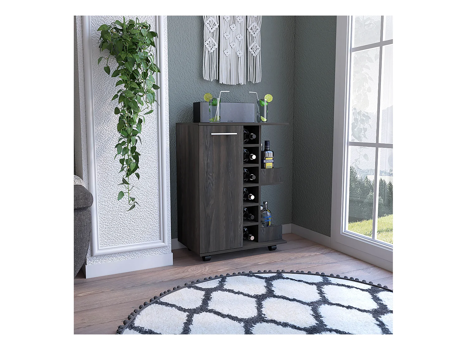 Carrello bar con portabottiglie e ruote, 82.09 cm X 59.99 cm X 37.49 cm , Carbone