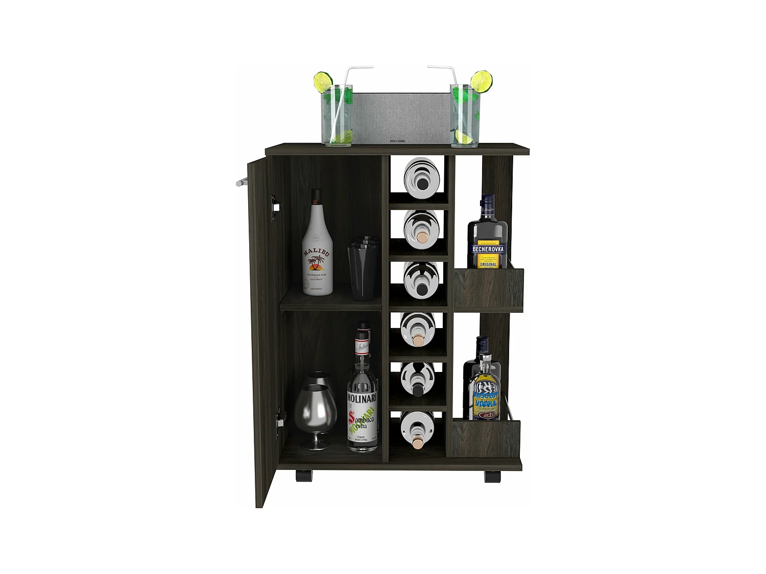 Carrello bar con portabottiglie e ruote, 82.09 cm X 59.99 cm X 37.49 cm , Carbone