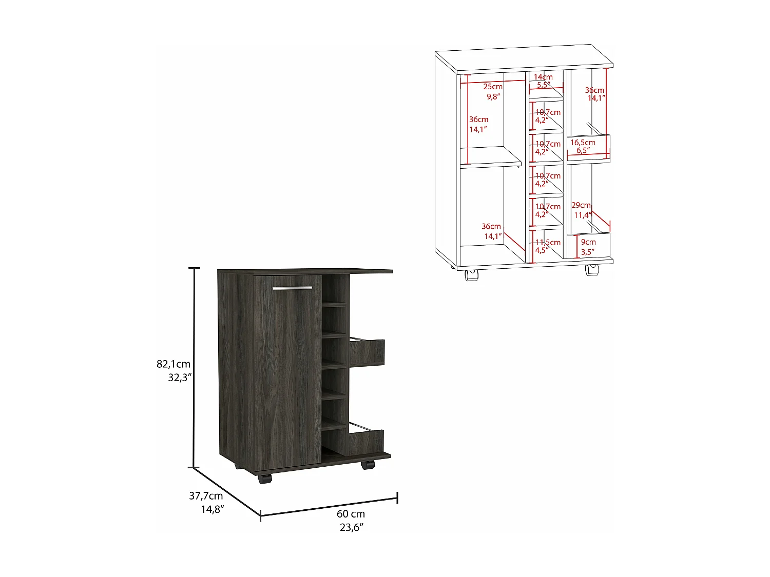 Carrito de Bar con botellero y ruedas , 82.09 cm  X 59.99 cm  X 37.49 cm  , Carbón