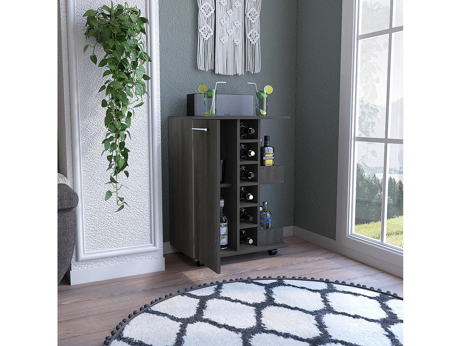 Carrito de Bar con botellero y ruedas , 82.09 cm  X 59.99 cm  X 37.49 cm  , Carbón