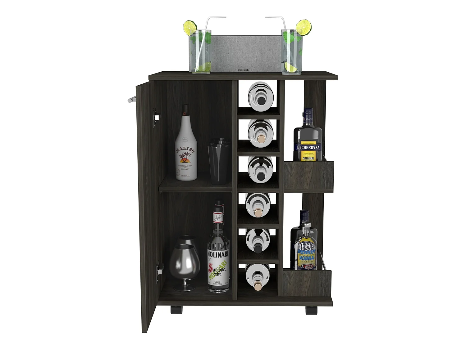Carrinho de bar de 60 cm com garrafeira, 1 porta e rodas, cinzento antracite