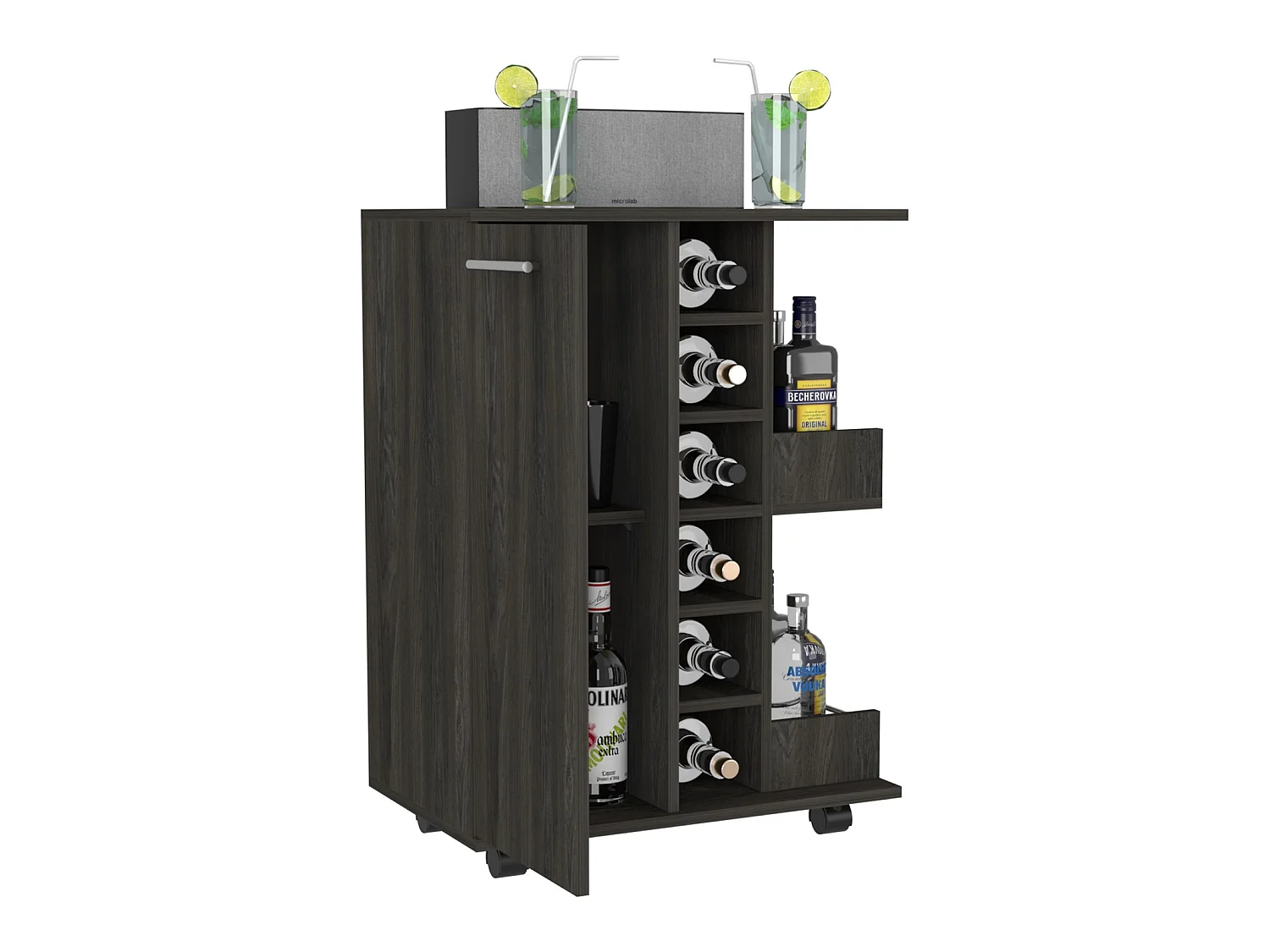 Carrinho de bar de 60 cm com garrafeira, 1 porta e rodas, cinzento antracite