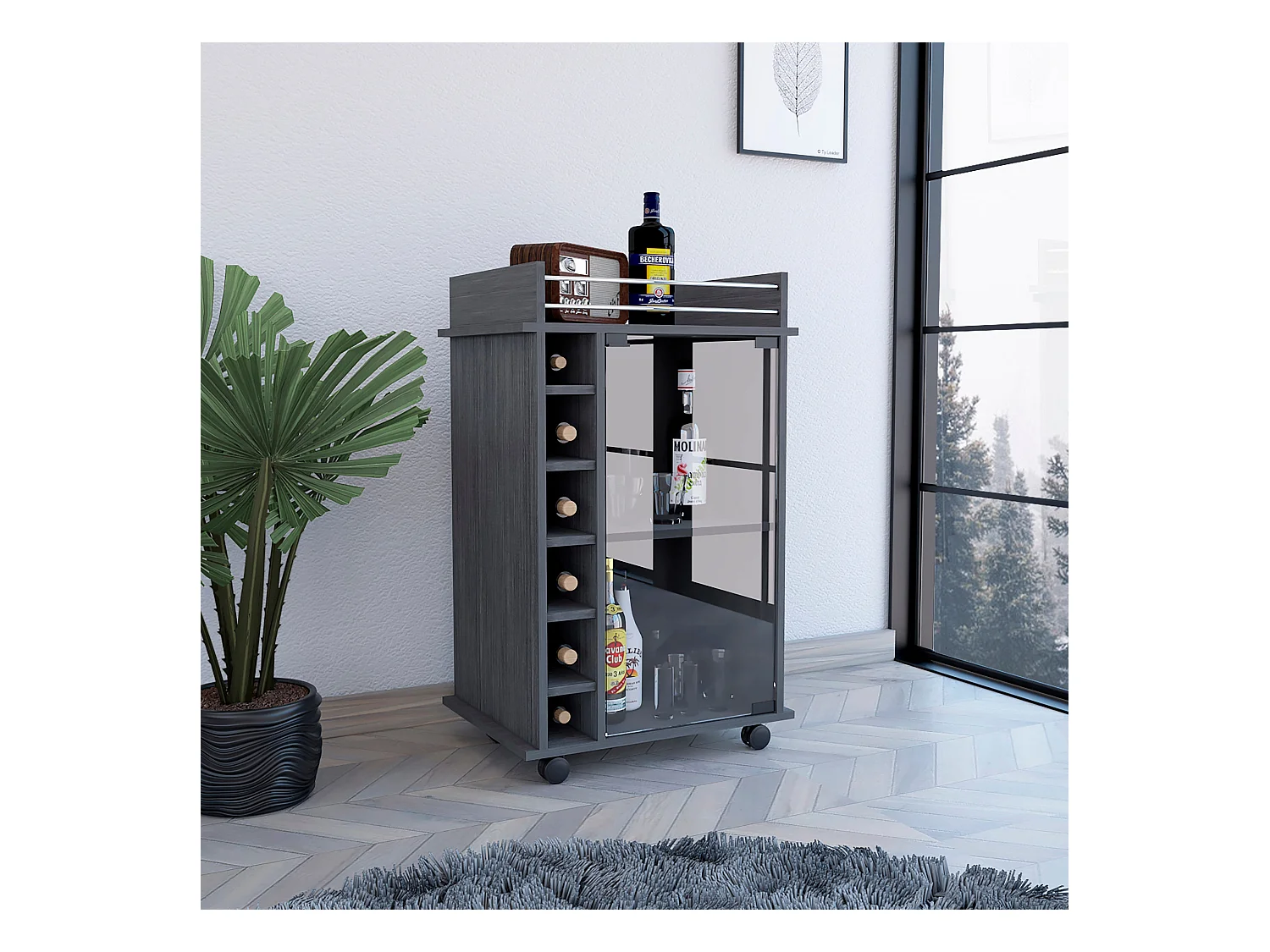 Chariot de bar Dukat avec roues et porte en verre , 88.9 cm X 54.86 cm X 41.40 cm , Gris
