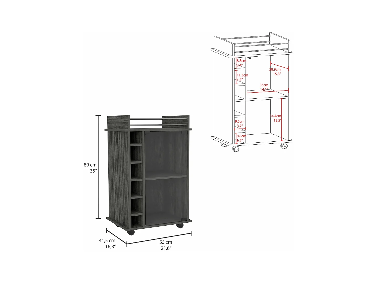 Chariot de bar Dukat avec roues et porte en verre , 88.9 cm X 54.86 cm X 41.40 cm , Gris