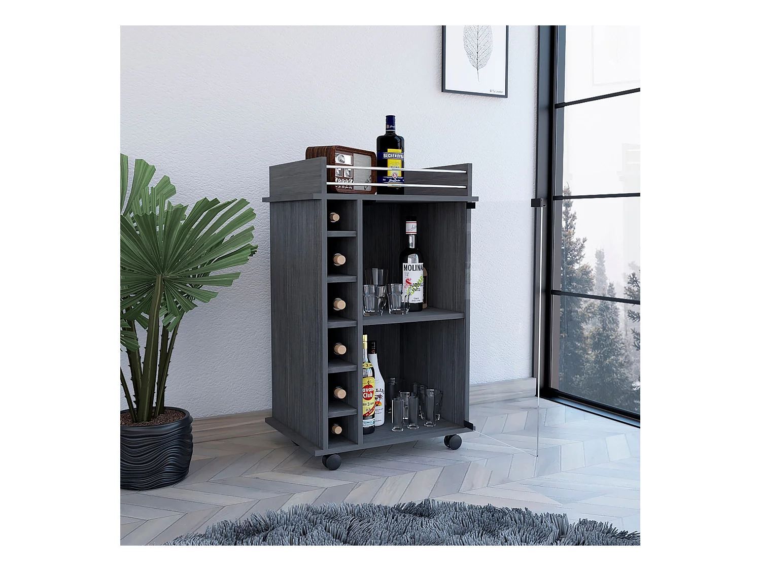 Chariot de bar Dukat avec roues et porte en verre , 88.9 cm X 54.86 cm X 41.40 cm , Gris