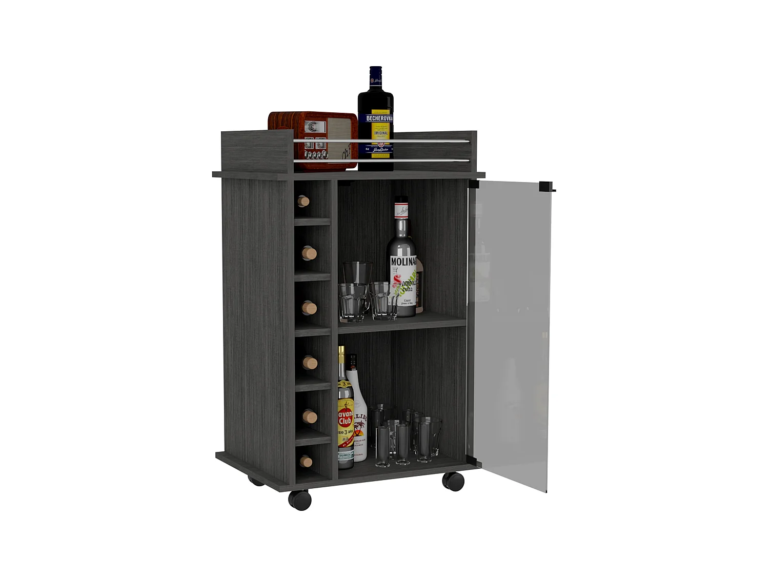Chariot de bar Dukat avec roues et porte en verre , 88.9 cm X 54.86 cm X 41.40 cm , Gris