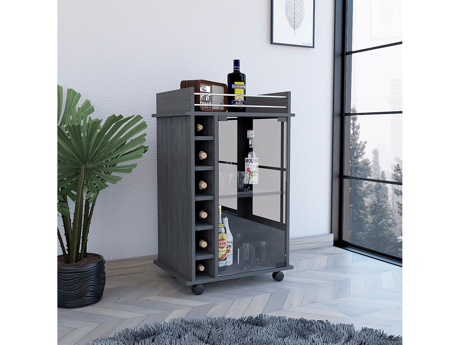 Carrello bar Dukat con ruote e porta in vetro , 88.9 cm X 54.86 cm X 41.40 cm , Grigio