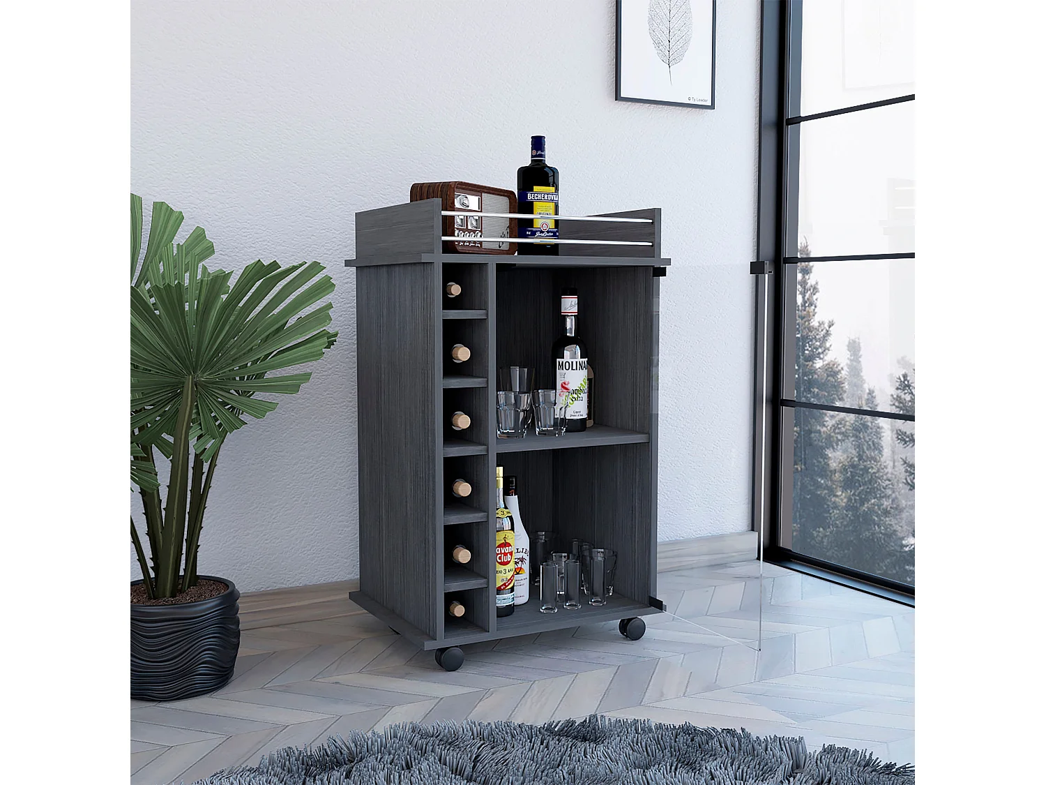 Carrello bar Dukat con ruote e porta in vetro , 88.9 cm X 54.86 cm X 41.40 cm , Grigio