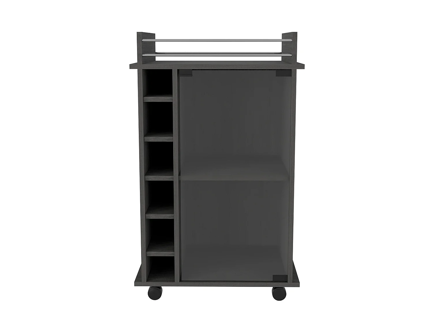 Carrinho de bar Dukat de 55 cm com porta de vidro, garrafeira e rodas, carvalho cinzento