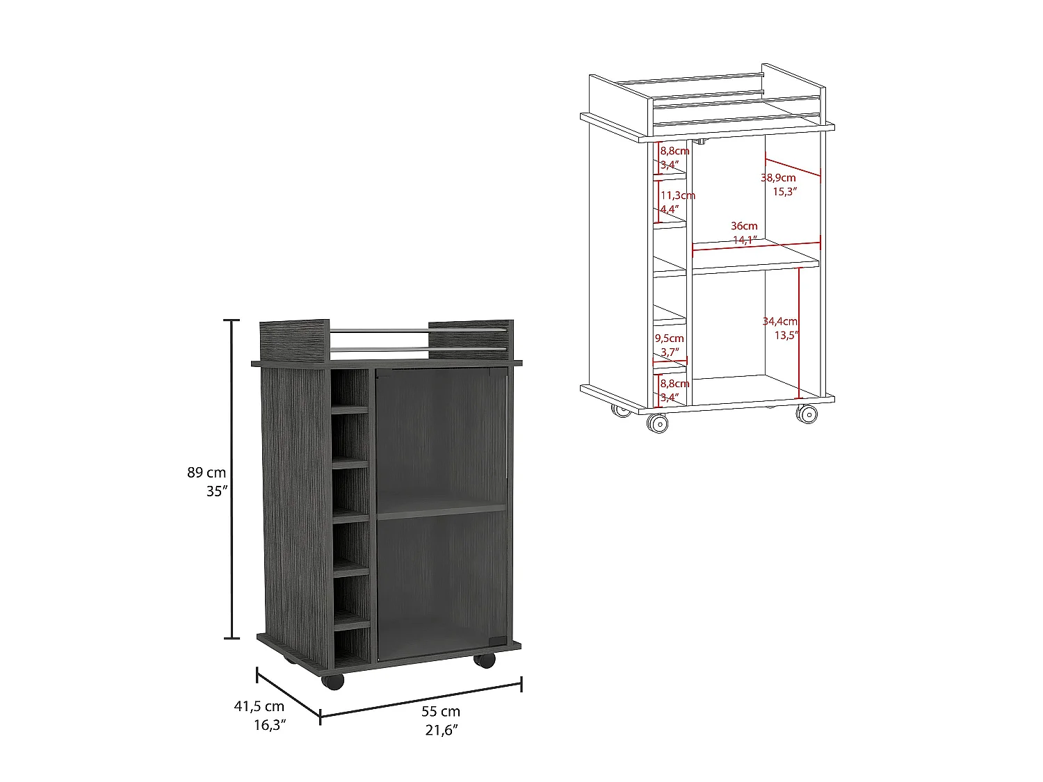 Carrinho de bar Dukat de 55 cm com porta de vidro, garrafeira e rodas, carvalho cinzento