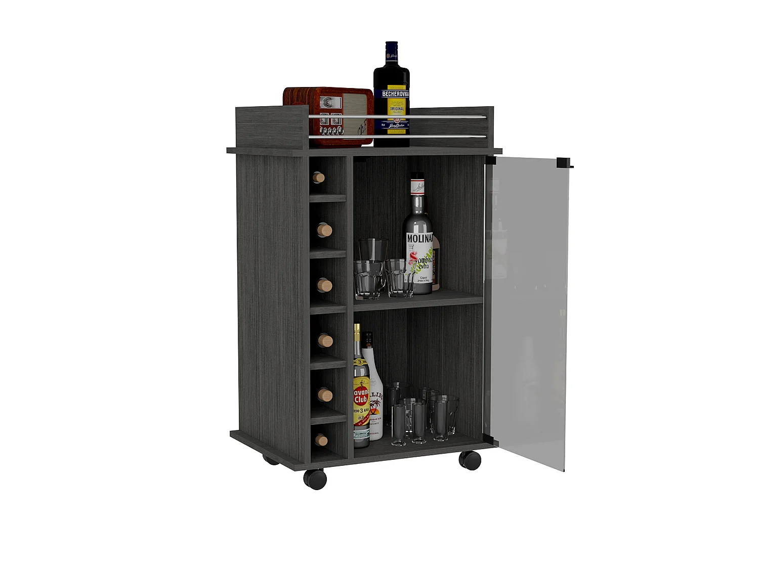 Carrinho de bar Dukat de 55 cm com porta de vidro, garrafeira e rodas, carvalho cinzento
