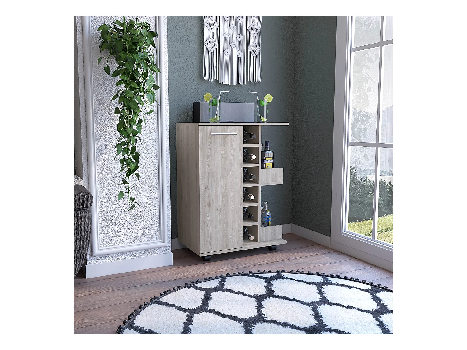 Chariot de bar avec porte-bouteilles et roulettes , 82.09 cm X 59.99 cm X 37.49 cm , Cinder