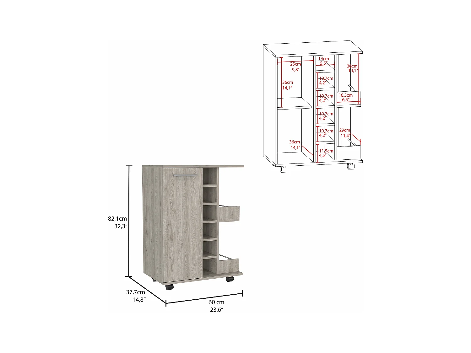Chariot de bar avec porte-bouteilles et roulettes , 82.09 cm X 59.99 cm X 37.49 cm , Cinder