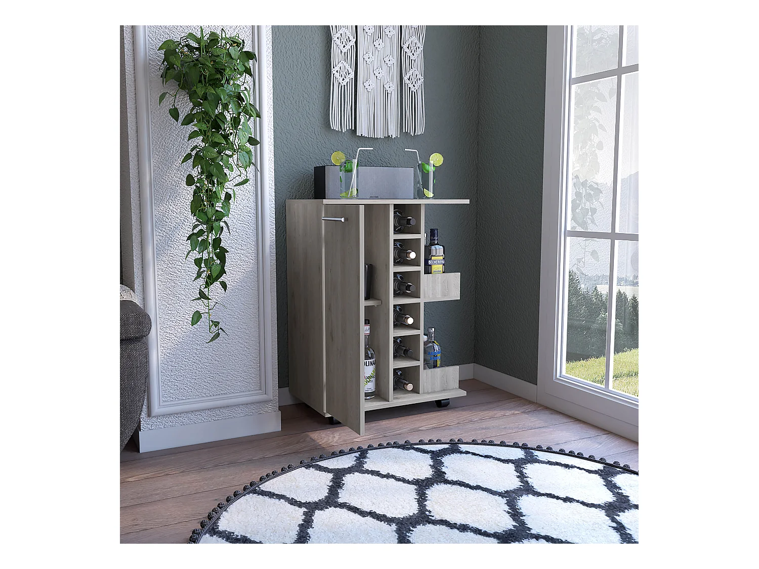 Chariot de bar avec porte-bouteilles et roulettes , 82.09 cm X 59.99 cm X 37.49 cm , Cinder