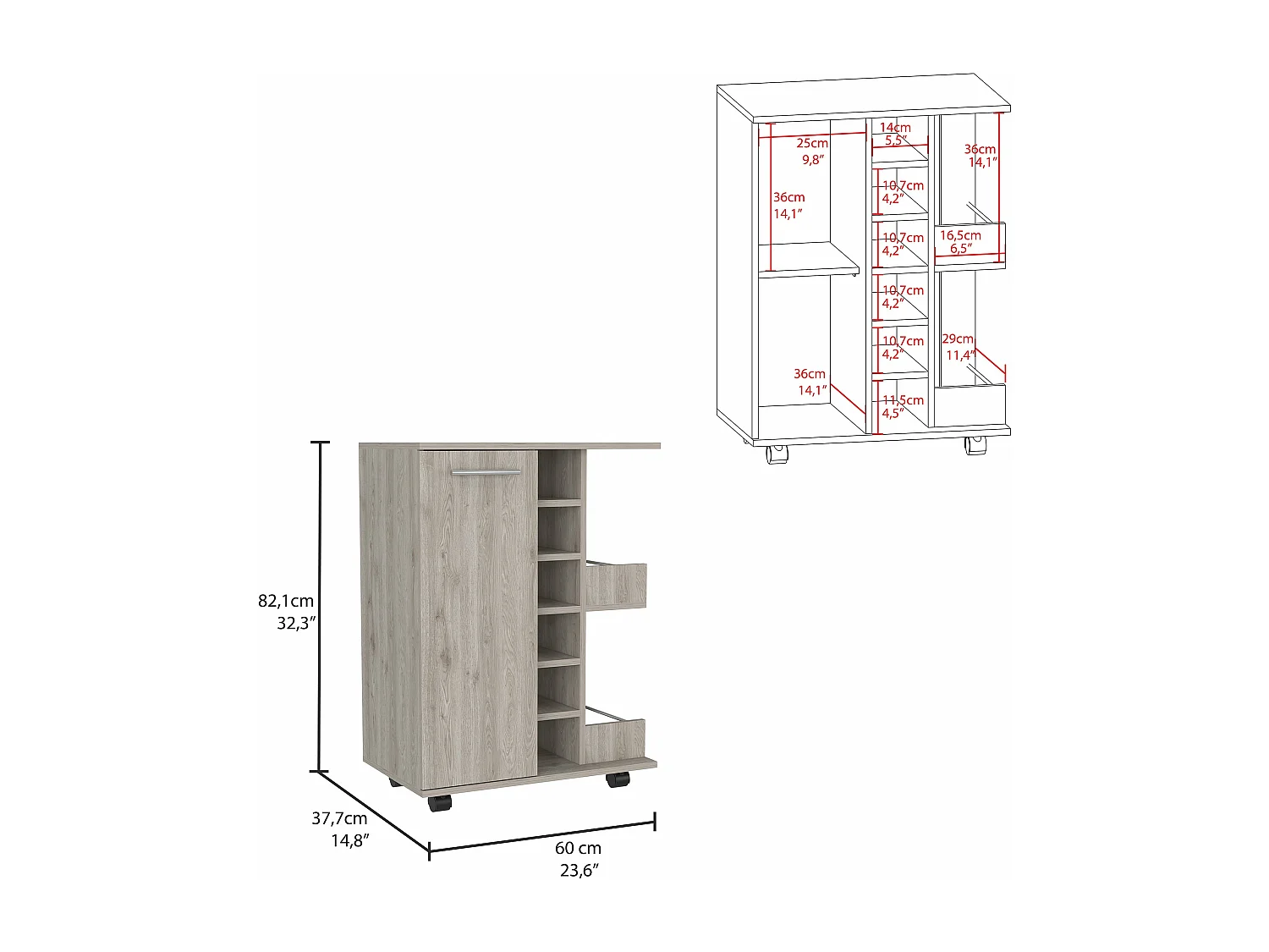 Carrito de Bar con botellero y ruedas , 82.09 cm  X 59.99 cm  X 37.49 cm  , Ceniza