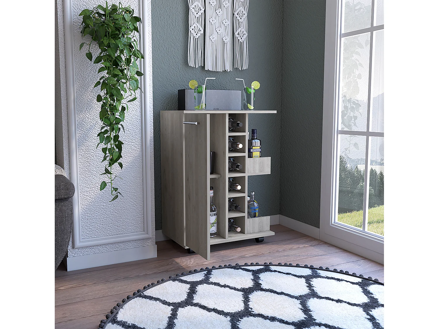 Carrito de Bar con botellero y ruedas , 82.09 cm  X 59.99 cm  X 37.49 cm  , Ceniza