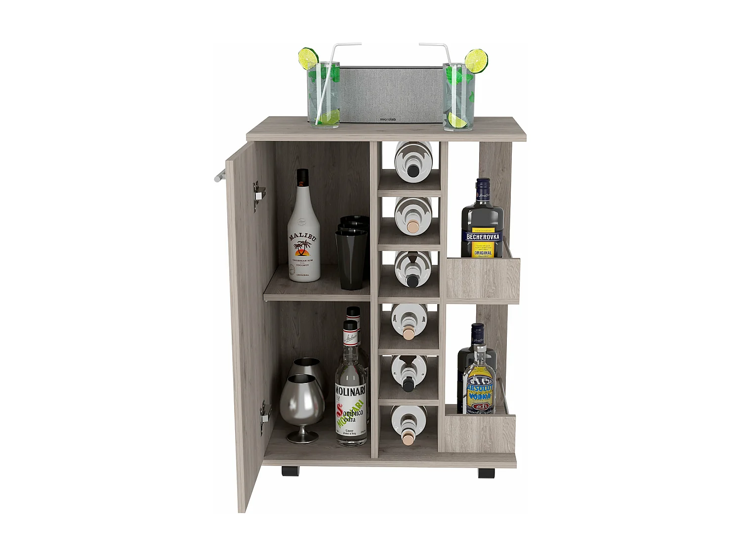 Carrito de Bar con botellero y ruedas , 82.09 cm  X 59.99 cm  X 37.49 cm  , Ceniza