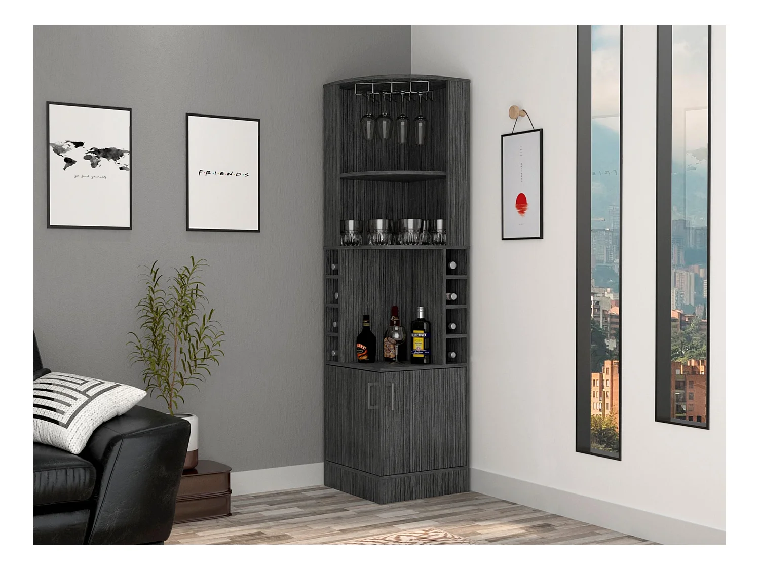Mobile bar angolare Syrah con portabicchieri, 180.59 cm X 46.73 cm X 46.73 cm , Marrone