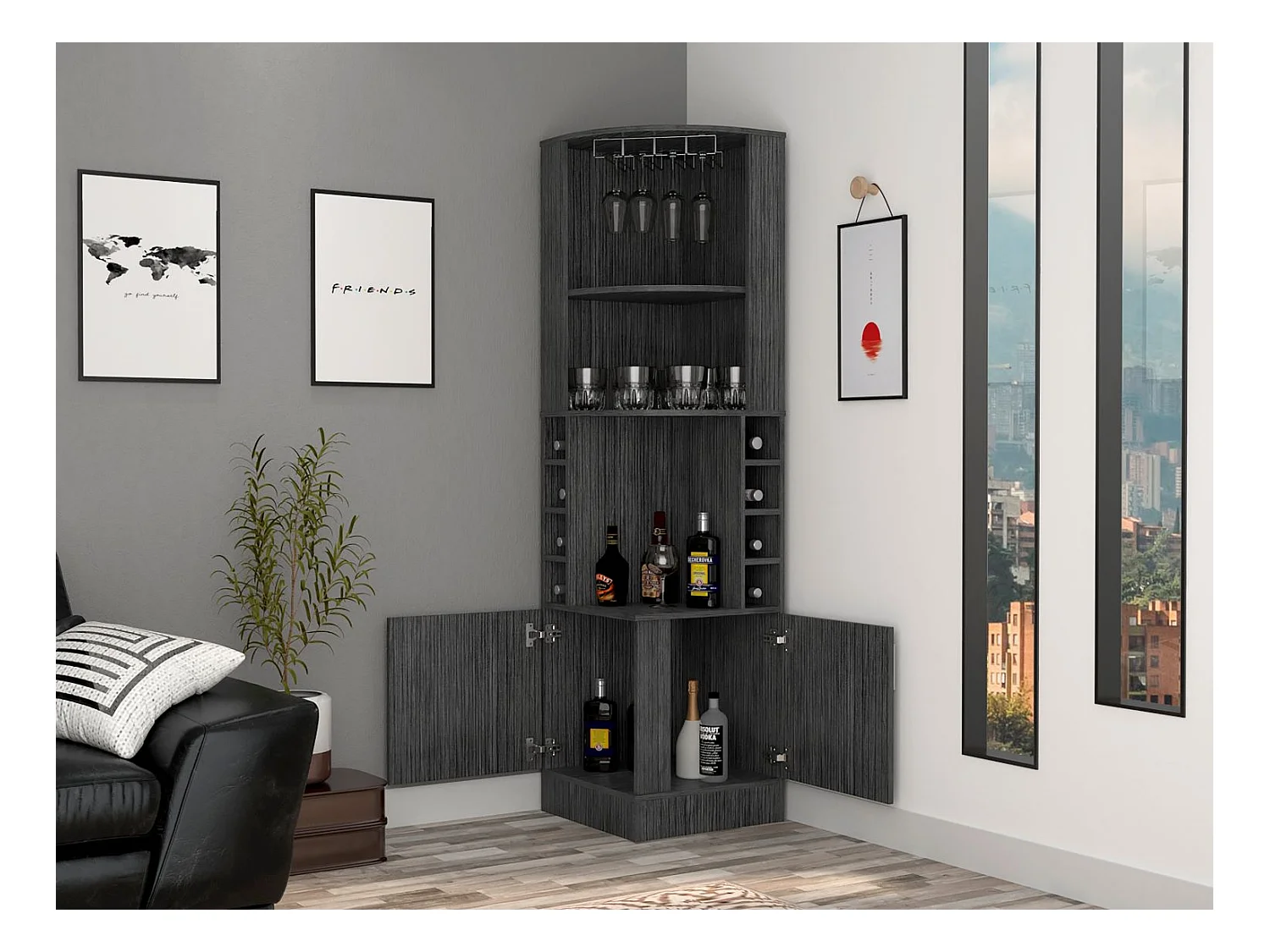 Mobile bar angolare Syrah con portabicchieri, 180.59 cm X 46.73 cm X 46.73 cm , Marrone