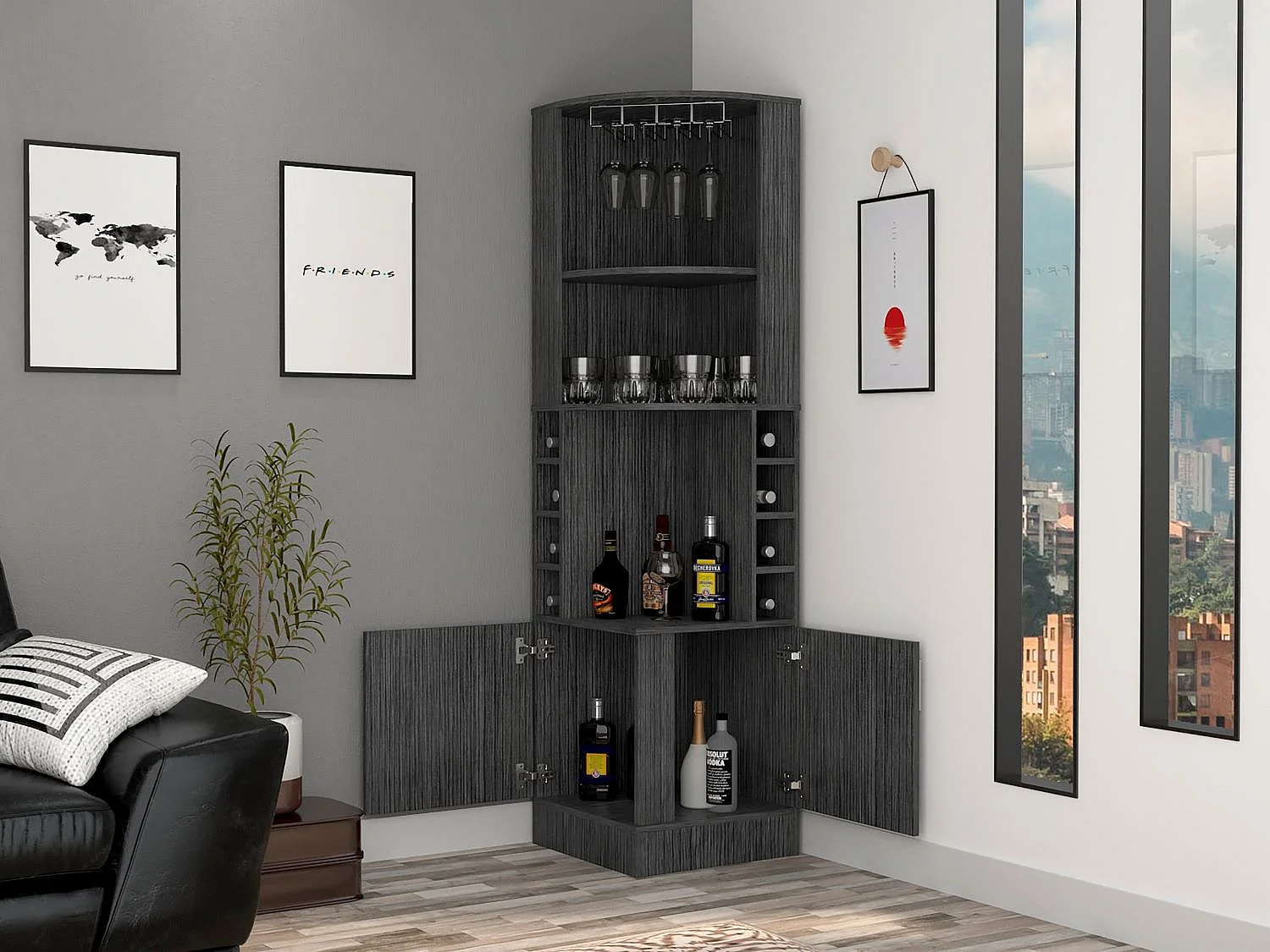 Mobile bar angolare Syrah con portabicchieri, 180.59 cm X 46.73 cm X 46.73 cm , Marrone