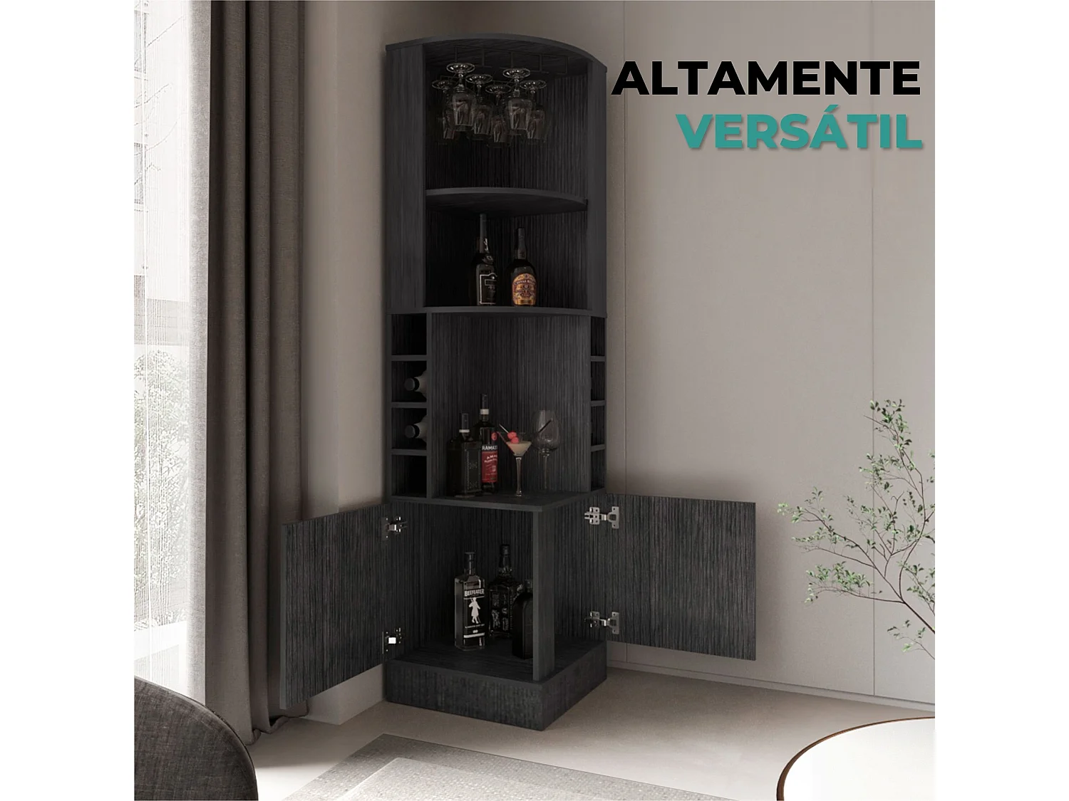 Móvel bar de canto Syrah de 181 cm com suporte para copos e 2 portas, carvalho cinzento