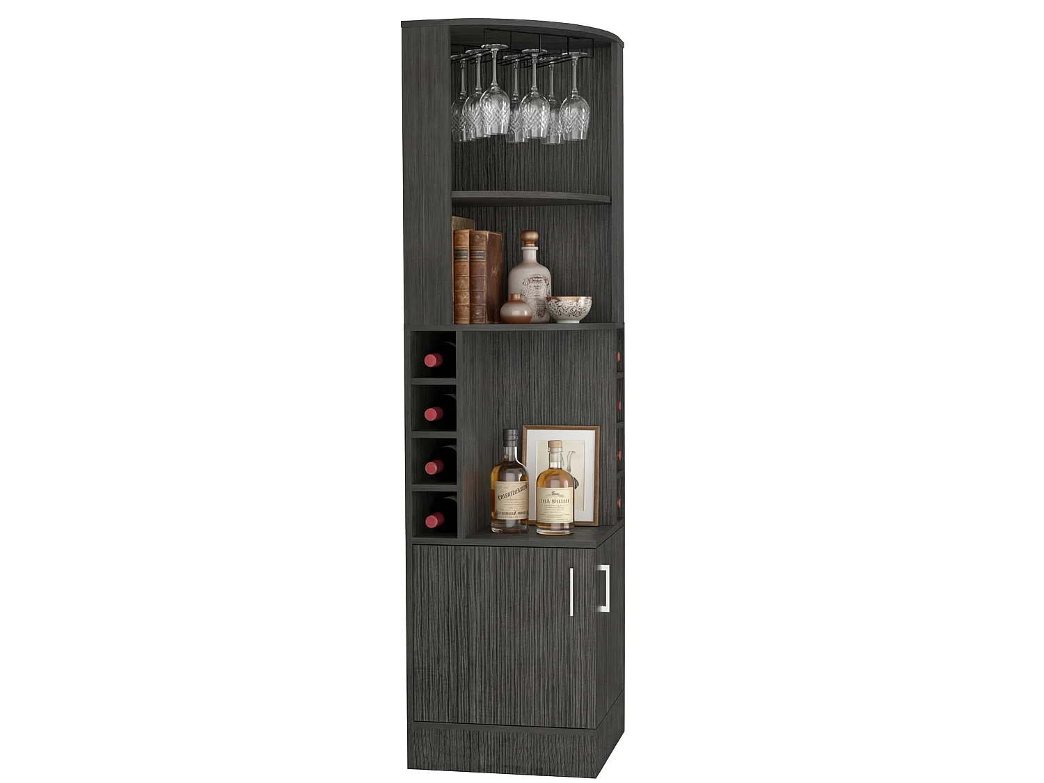 Móvel bar de canto Syrah de 181 cm com suporte para copos e 2 portas, carvalho cinzento