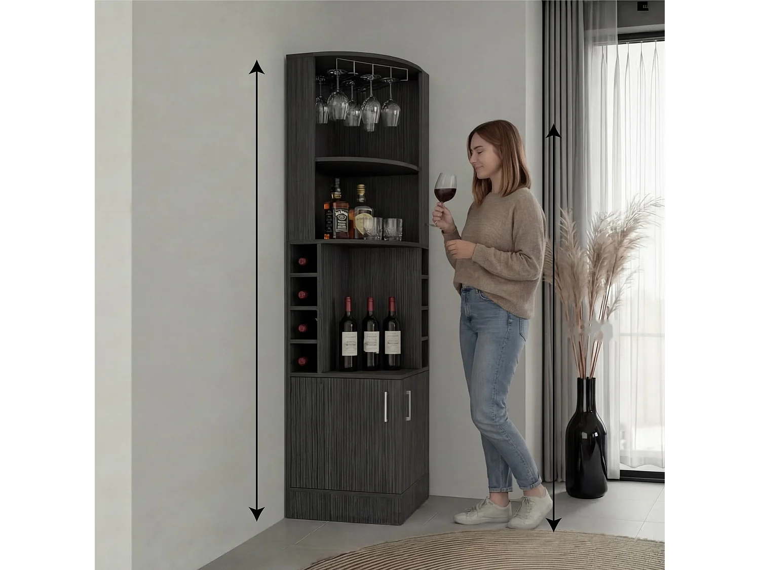 Móvel bar de canto Syrah de 181 cm com suporte para copos e 2 portas, carvalho cinzento