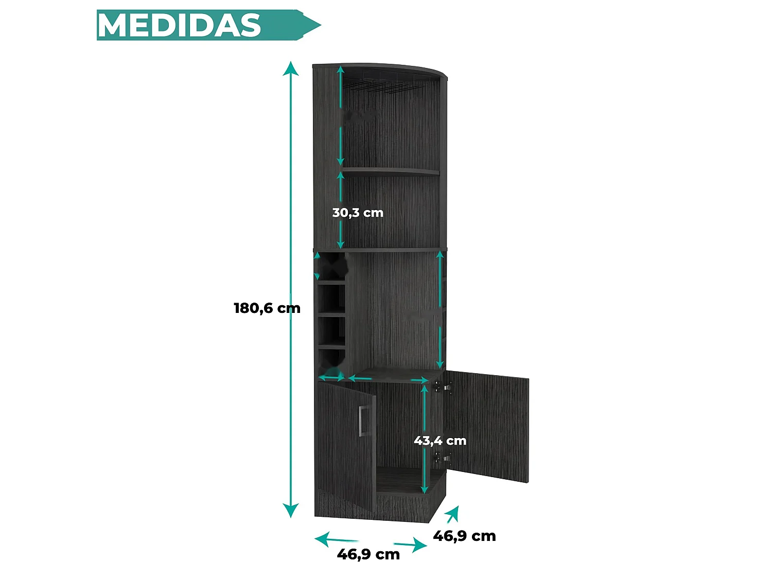Móvel bar de canto Syrah de 181 cm com suporte para copos e 2 portas, carvalho cinzento