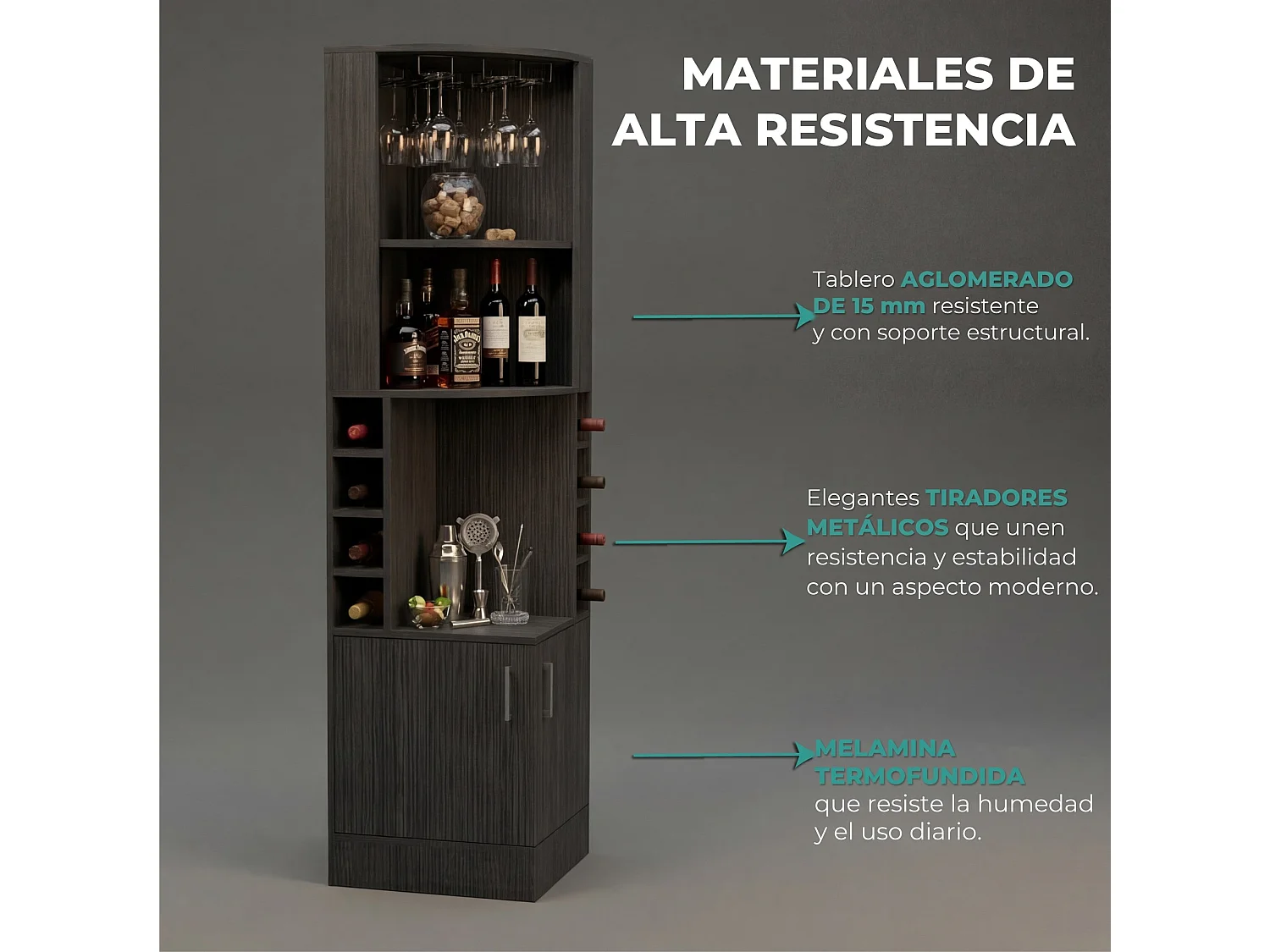 Móvel bar de canto Syrah de 181 cm com suporte para copos e 2 portas, carvalho cinzento