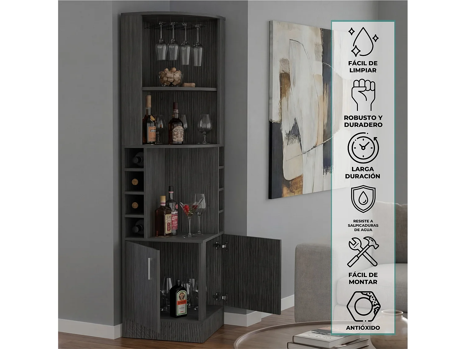 Móvel bar de canto Syrah de 181 cm com suporte para copos e 2 portas, carvalho cinzento