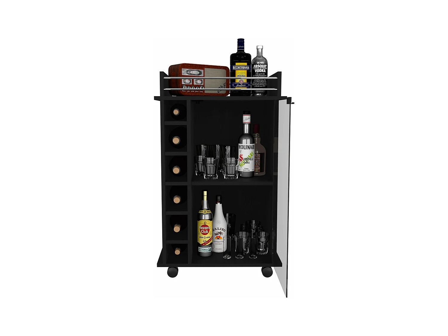 Chariot de bar Dukat avec porte en verre et roulettes