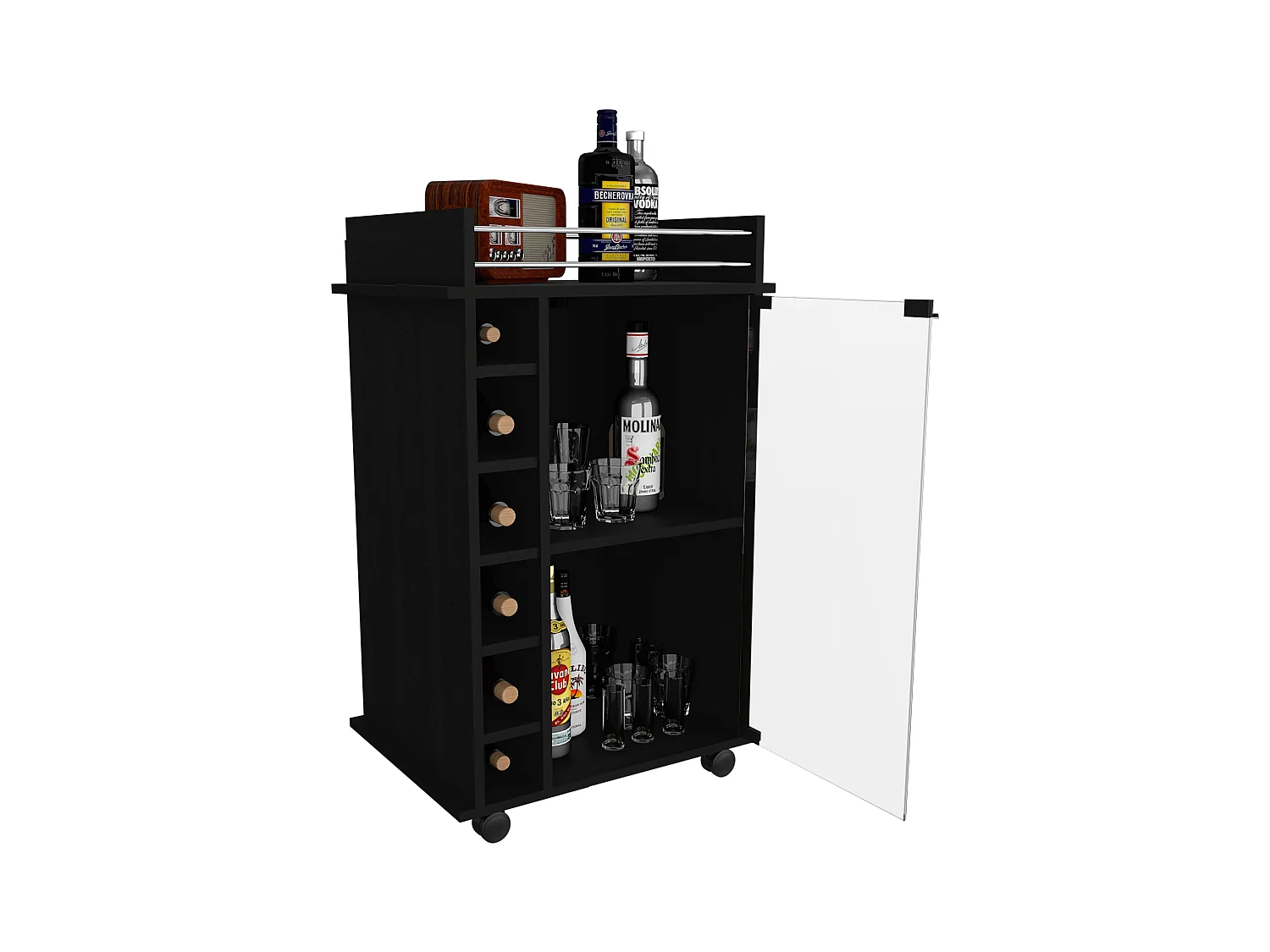 Chariot de bar Dukat avec porte en verre et roulettes