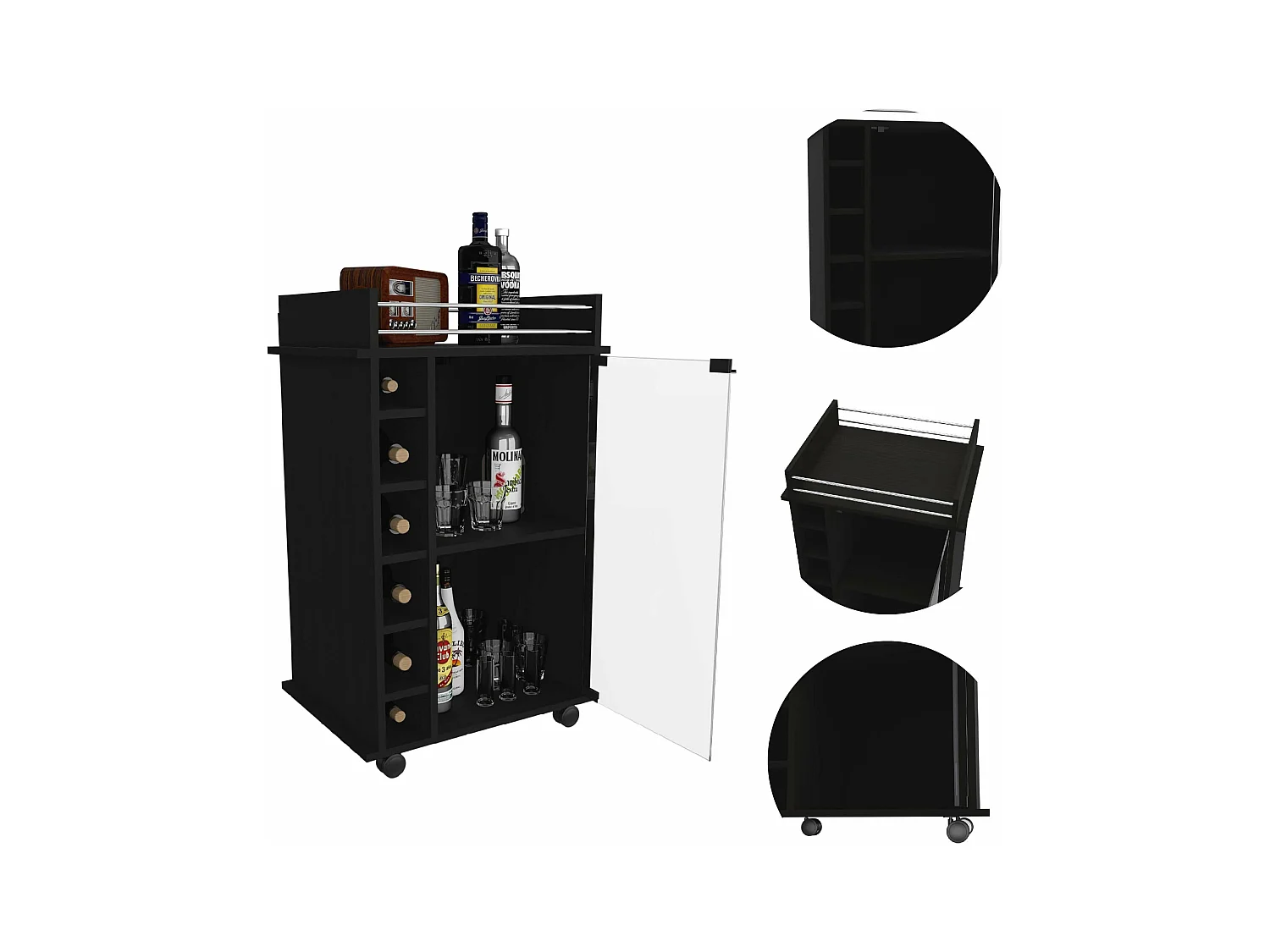 Chariot de bar Dukat avec porte en verre et roulettes