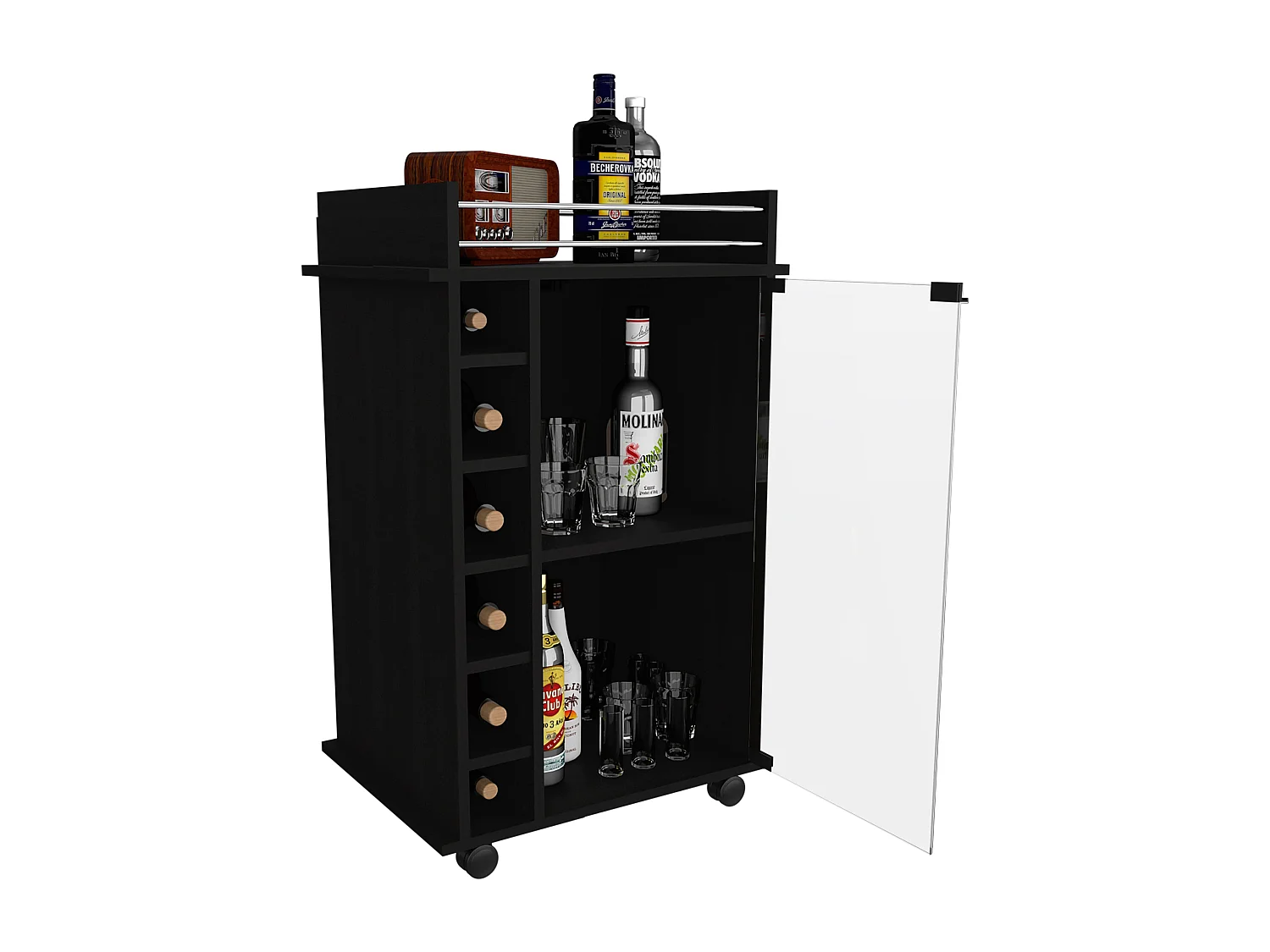 Carrello bar Dukat, con ruote e anta in vetro