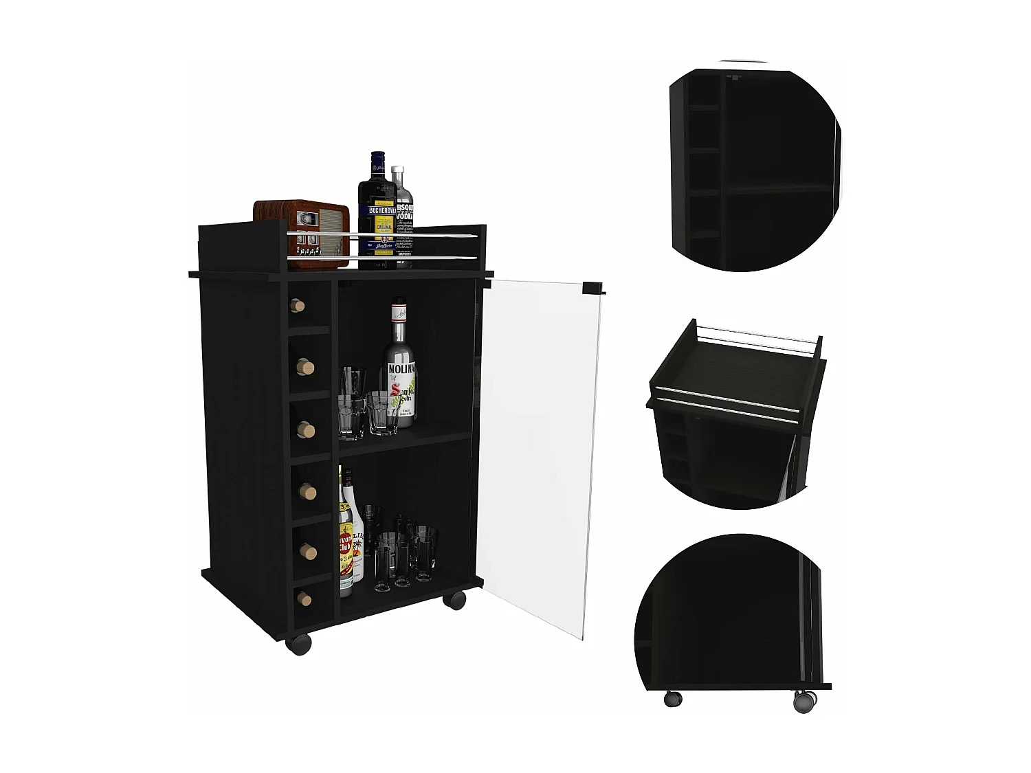 Carrello bar Dukat, con ruote e anta in vetro