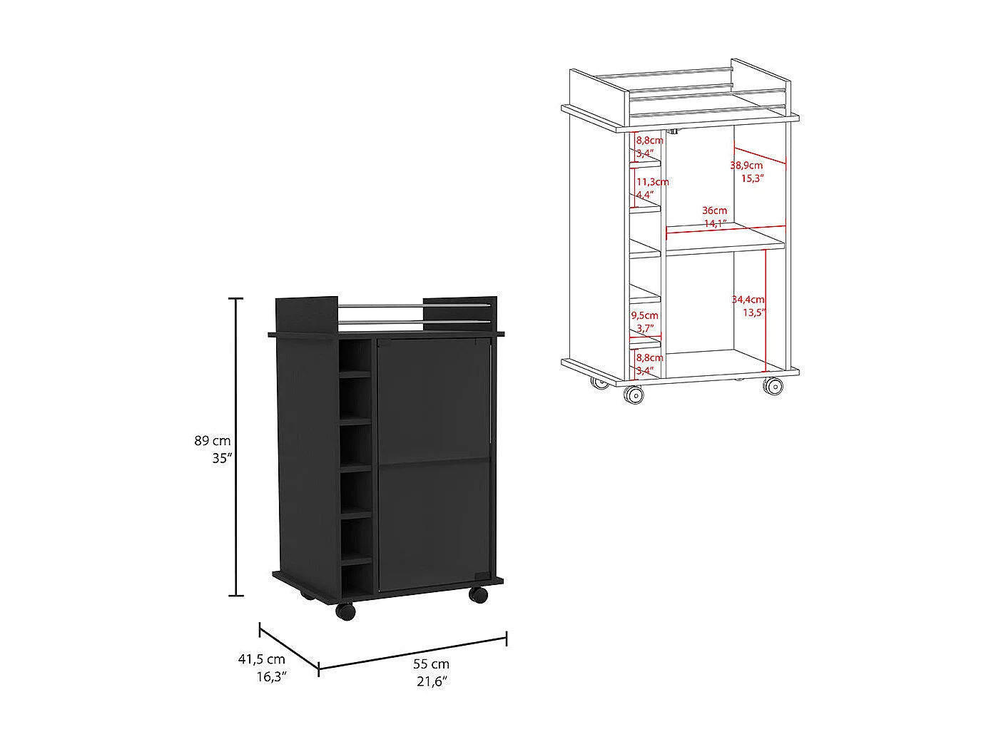 Carrello bar Dukat, con ruote e anta in vetro