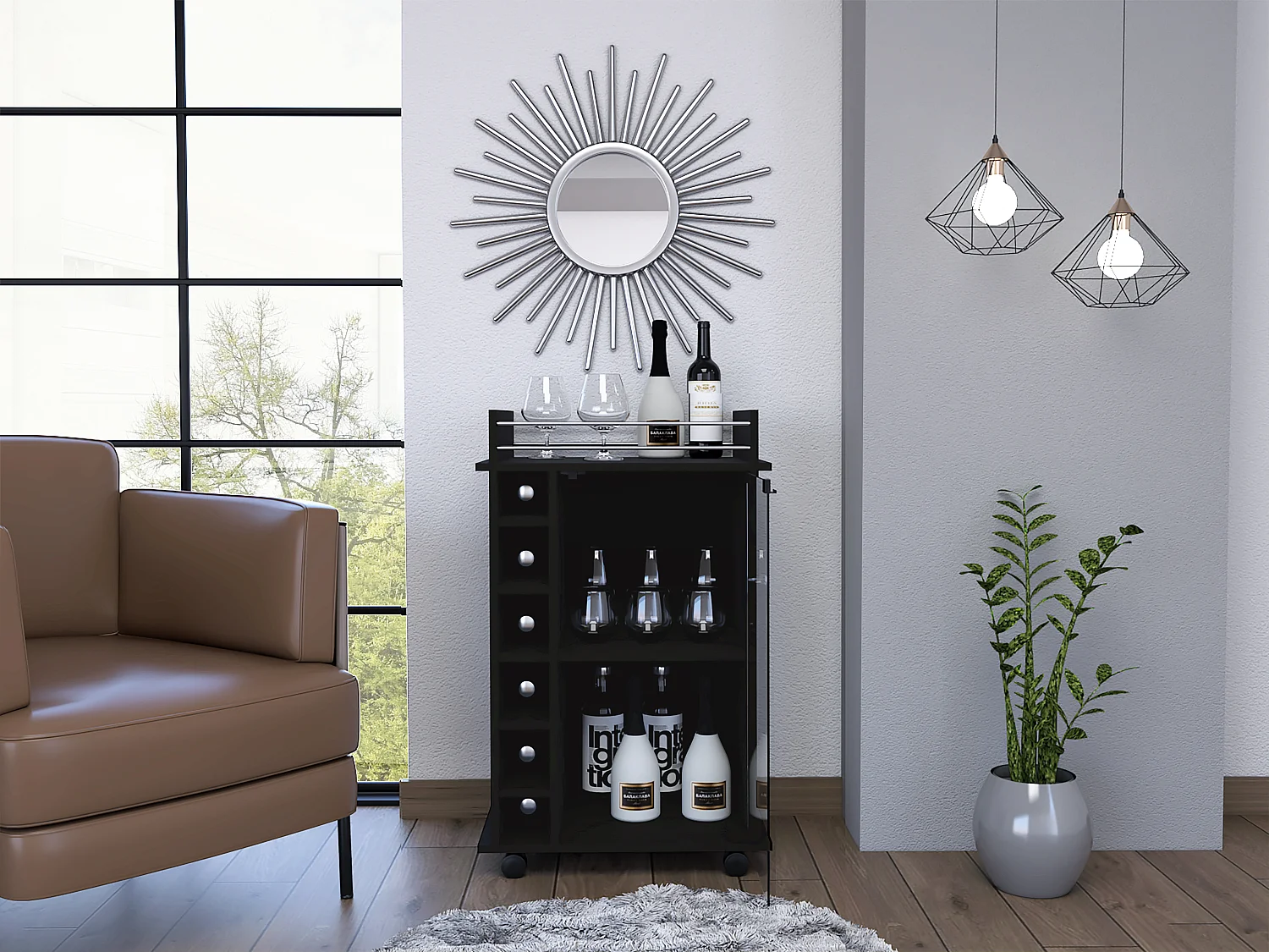 Carrello bar Dukat, con ruote e anta in vetro