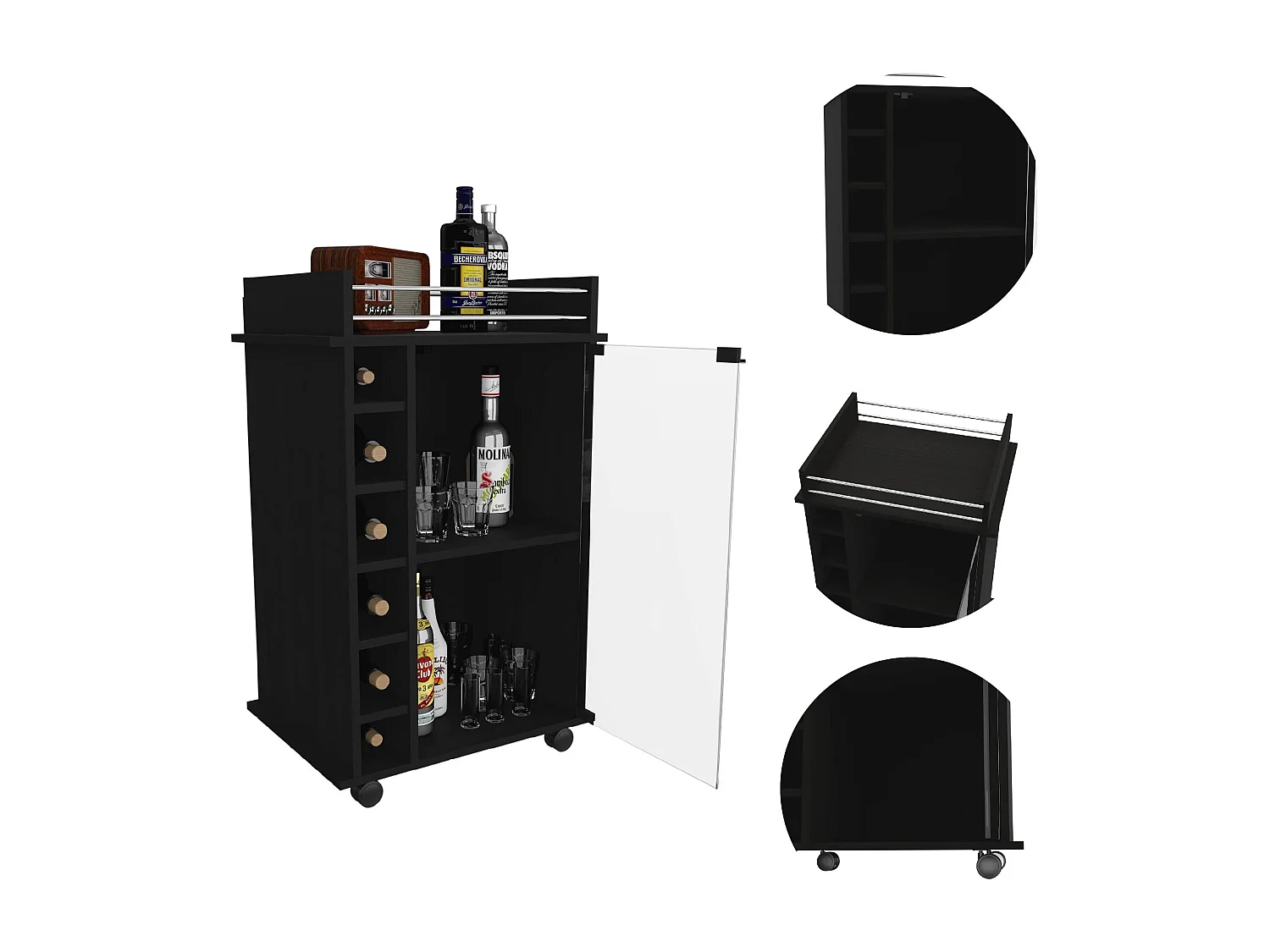 Carrello bar Dukat, con ruote e anta in vetro