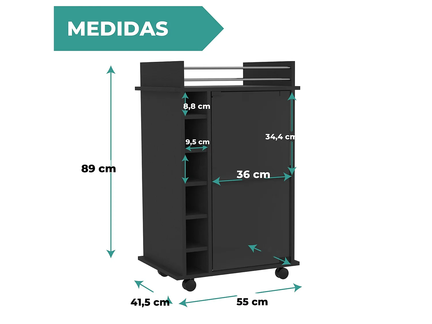 Carrito auxiliar Dukat de 55 cm con puerta de vidrio, barra de colgar y ruedas, wengué