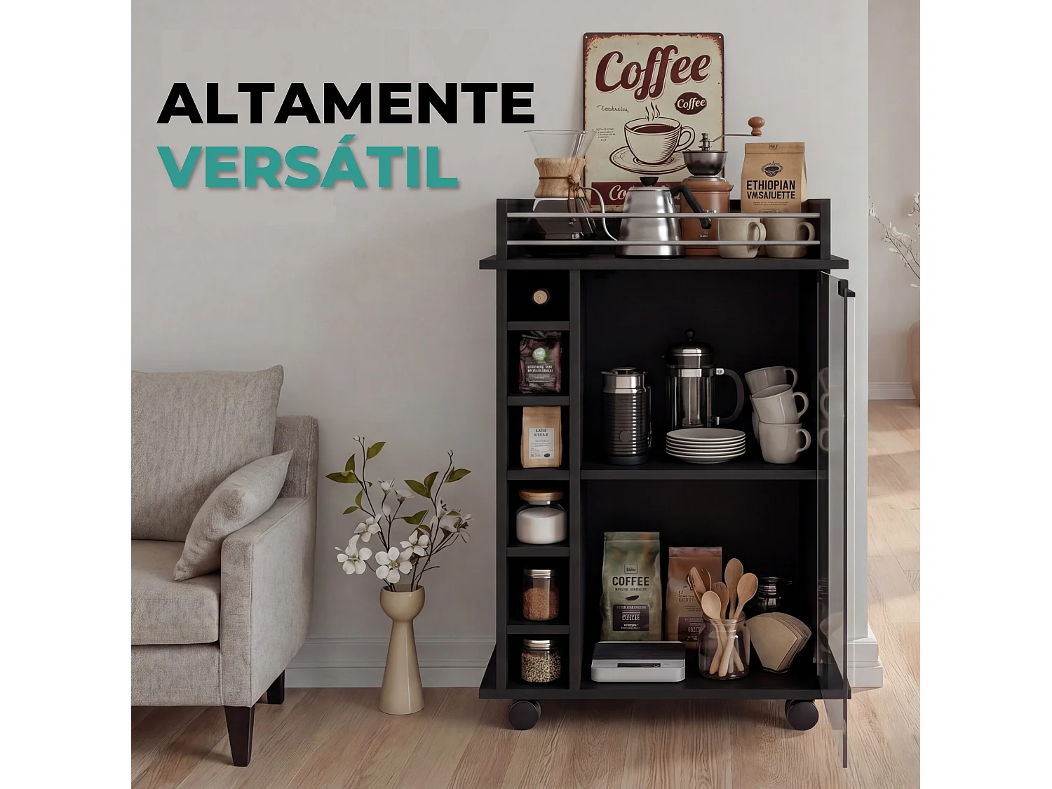 Carrito auxiliar Dukat de 55 cm con puerta de vidrio, barra de colgar y ruedas, wengué