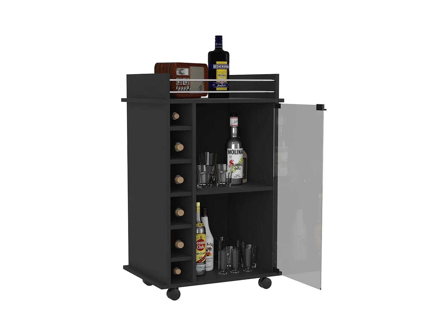 Carrito auxiliar Dukat de 55 cm con puerta de vidrio, barra de colgar y ruedas, wengué