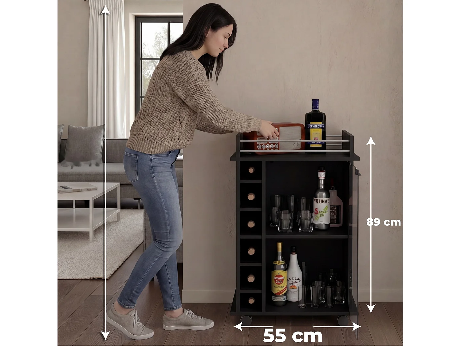 Carrito auxiliar Dukat de 55 cm con puerta de vidrio, barra de colgar y ruedas, wengué