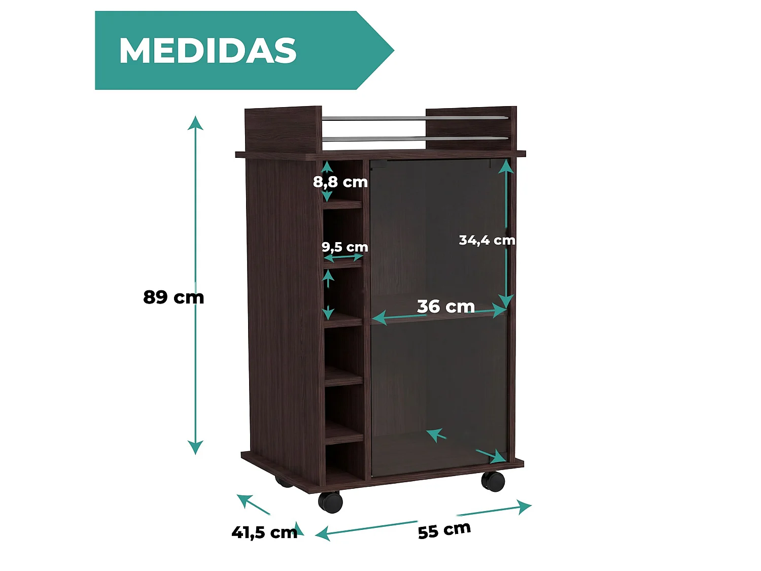 Carrito auxiliar Dukat de 55 cm con puerta de vidrio, barra de colgar y ruedas, wengué