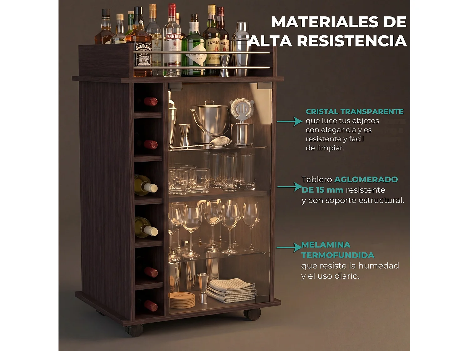 Carrito auxiliar Dukat de 55 cm con puerta de vidrio, barra de colgar y ruedas, wengué